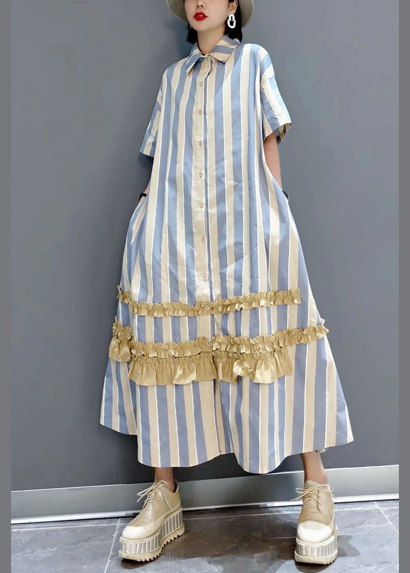 Italian Yellow Ruffled Peter Pan Collar button Striped shirt Dresses Short Sleeve - republicanstateiItalian Yellow Ruffled Peter Pan Collar button Striped shirt Dresses Short Sleeve - republicanstatei