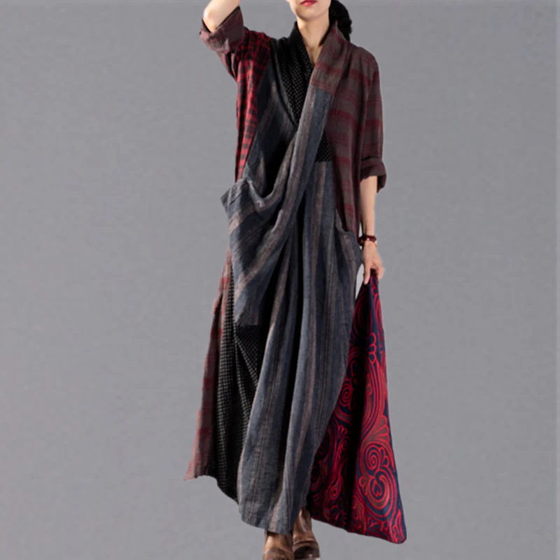 New red Plaid oversize v neck patchwork linen clothing dress women pockets asymmetrical design caftans - republicanstateiNew red Plaid oversize v neck patchwork linen clothing dress women pockets asymmetrical design caftans - republicanstatei