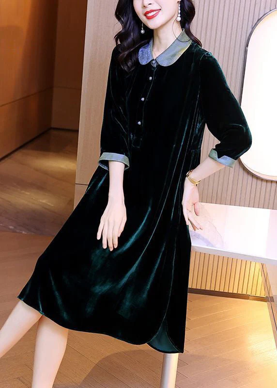 Style Blackish Green Button Wrinkled Silk Velour Long Dresses Bracelet Sleeve - republicanstateiStyle Blackish Green Button Wrinkled Silk Velour Long Dresses Bracelet Sleeve - republicanstatei