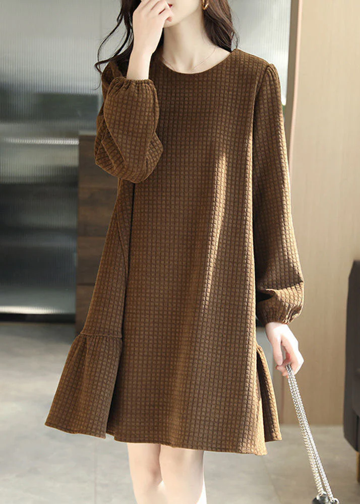 French Chocolate O-Neck Plaid Solid Color Sashes Cotton Holiday Dress Long Sleeve - republicanstateiFrench Chocolate O-Neck Plaid Solid Color Sashes Cotton Holiday Dress Long Sleeve - republicanstatei