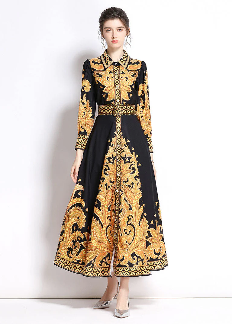 Italian Yellow Peter Pan Collar Print Patchwork Chiffon Long Dress Fall - republicanstateiItalian Yellow Peter Pan Collar Print Patchwork Chiffon Long Dress Fall - republicanstatei