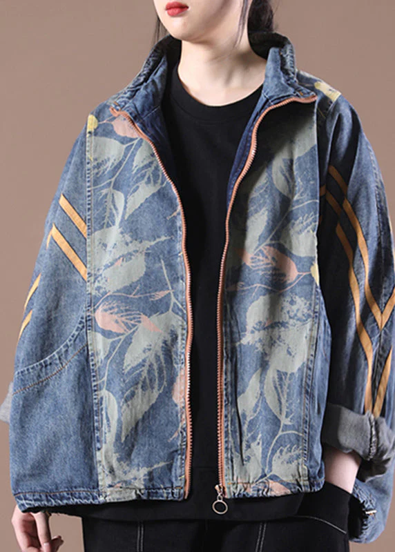 Loose Make Old Blue Stand Collar Zippered Print Denim Coats Long Sleeve - republicanstateiLoose Make Old Blue Stand Collar Zippered Print Denim Coats Long Sleeve - republicanstatei