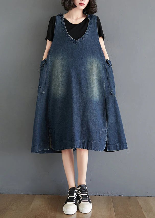 Modern Blue HoodedPockets Patchwork Denim Waistcoat Long Dress Sleeveless - republicanstateiModern Blue HoodedPockets Patchwork Denim Waistcoat Long Dress Sleeveless - republicanstatei