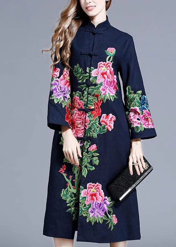 Beautiful Navy Stand Collar Embroideried Floral Button Coats Long Sleeve - republicanstateiBeautiful Navy Stand Collar Embroideried Floral Button Coats Long Sleeve - republicanstatei