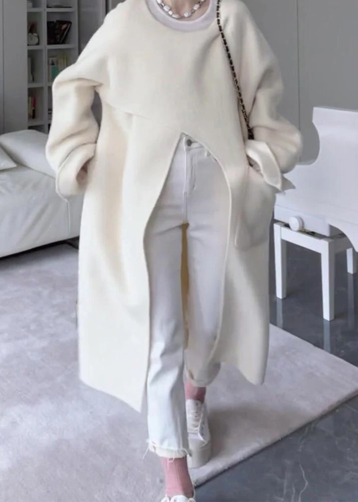 Italian Beige Asymmetrical Pockets Side Open Oversized Woolen Coat Spring - republicanstateiItalian Beige Asymmetrical Pockets Side Open Oversized Woolen Coat Spring - republicanstatei