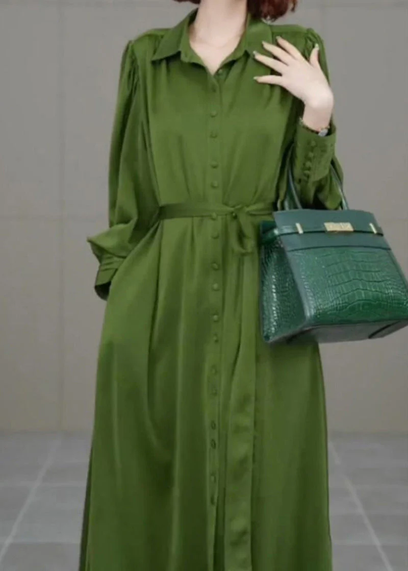 French Army Green Peter Pan Collar Tie Waist Chiffon Vacation Dresses Spring - republicanstateiFrench Army Green Peter Pan Collar Tie Waist Chiffon Vacation Dresses Spring - republicanstatei