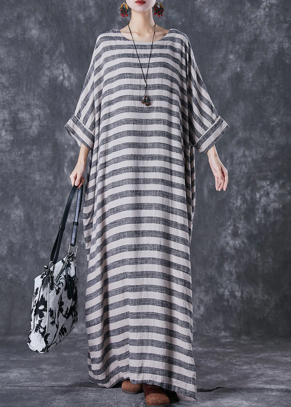 Plus Size Grey Oversized Striped Linen Ankle Dress Gown Batwing Sleeve - republicanstateiPlus Size Grey Oversized Striped Linen Ankle Dress Gown Batwing Sleeve - republicanstatei