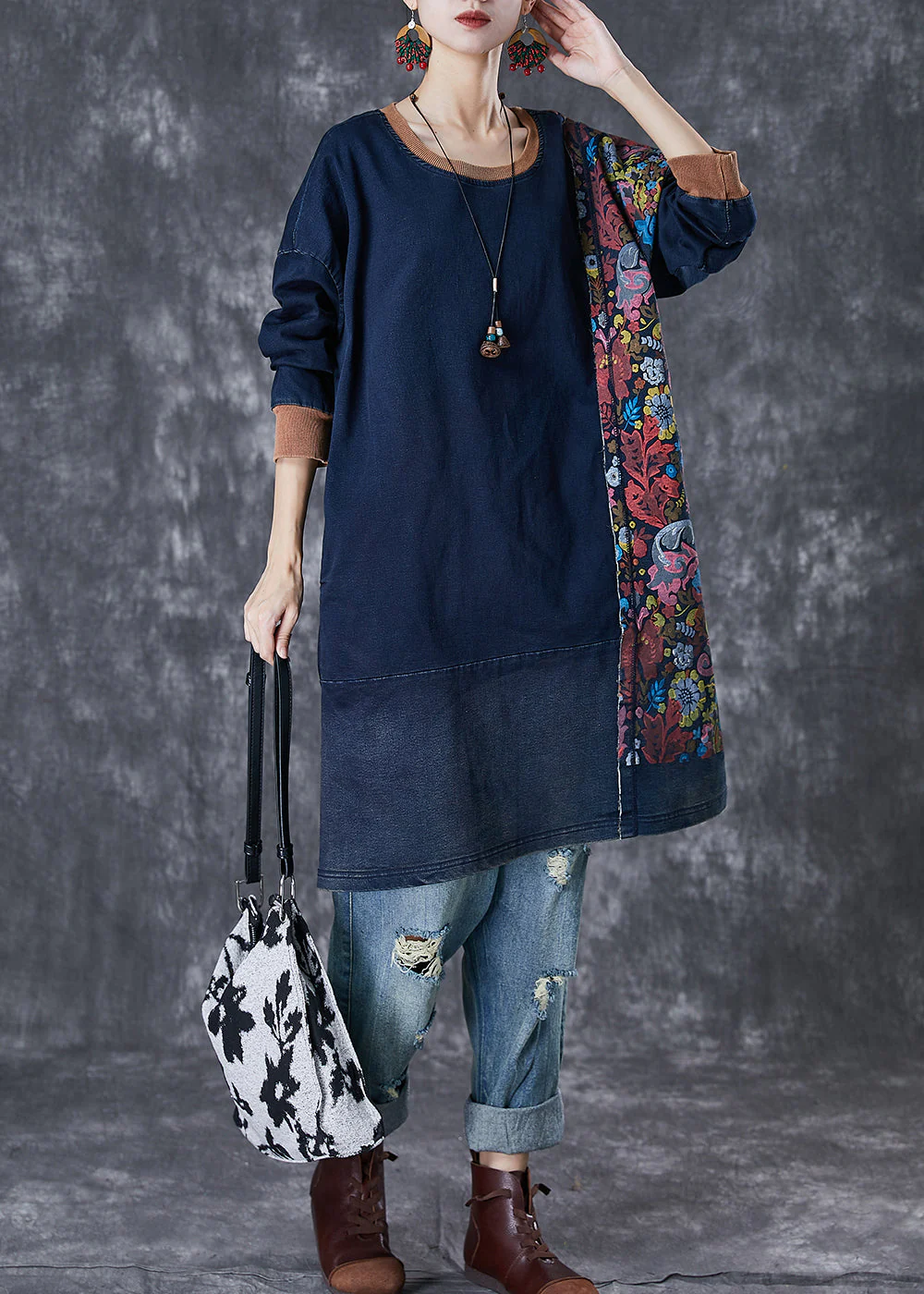 Style Navy Asymmetrical Patchwork Cotton Pullover Streetwear Dress Fall - republicanstateiStyle Navy Asymmetrical Patchwork Cotton Pullover Streetwear Dress Fall - republicanstatei