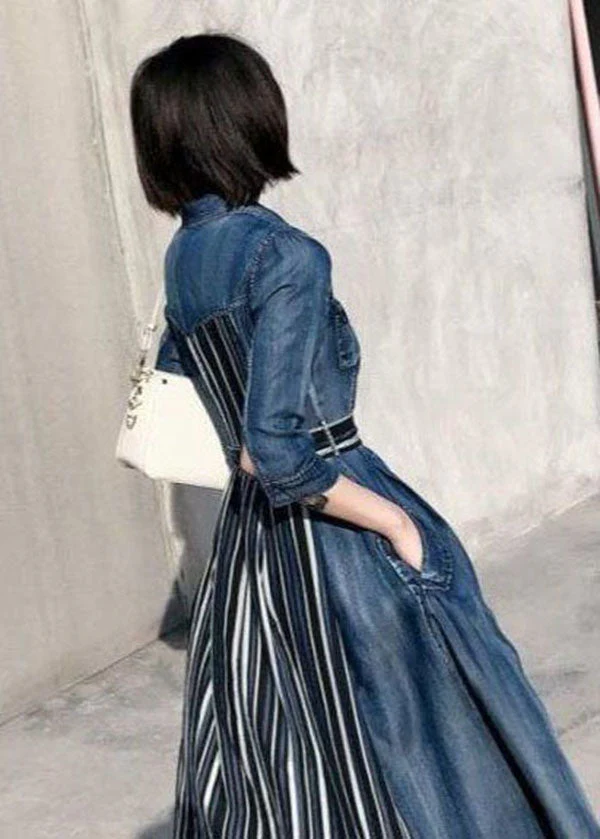 Bohemian Denim Blue Peter Pan Collar Patchwork Striped Cotton Holiday Dress Bracelet Sleeve - republicanstateiBohemian Denim Blue Peter Pan Collar Patchwork Striped Cotton Holiday Dress Bracelet Sleeve - republicanstatei