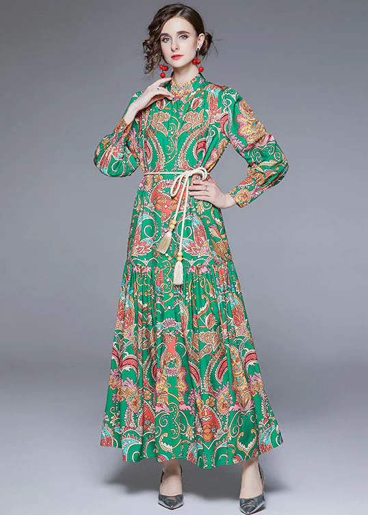 DIY Green Stand Collar Print Wrinkled Sashes Chiffon Holiday Dress Fall - republicanstateiDIY Green Stand Collar Print Wrinkled Sashes Chiffon Holiday Dress Fall - republicanstatei
