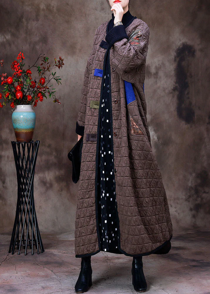 Plus Size Chocolate O-Neck Patchwork Applique Fine Cotton Filled Witner Coat Long sleeve - republicanstateiPlus Size Chocolate O-Neck Patchwork Applique Fine Cotton Filled Witner Coat Long sleeve - republicanstatei