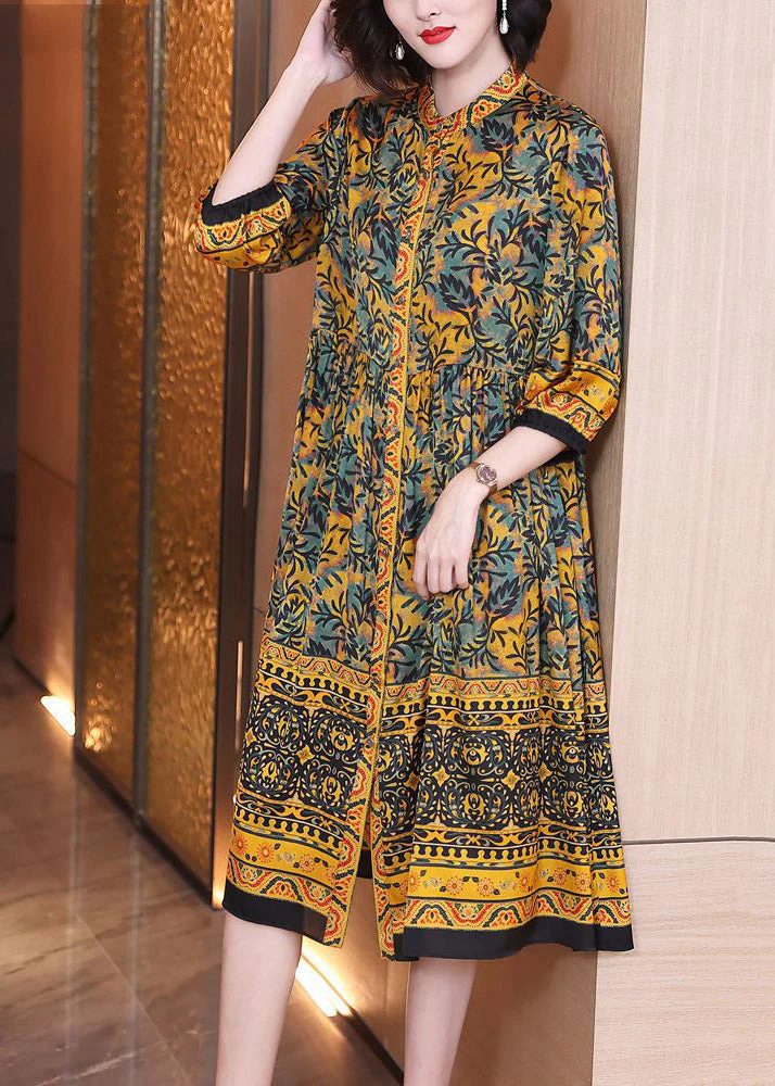 Natural Yellow Stand Collar Print Button Silk Maxi Shirts Dress Spring - republicanstateiNatural Yellow Stand Collar Print Button Silk Maxi Shirts Dress Spring - republicanstatei
