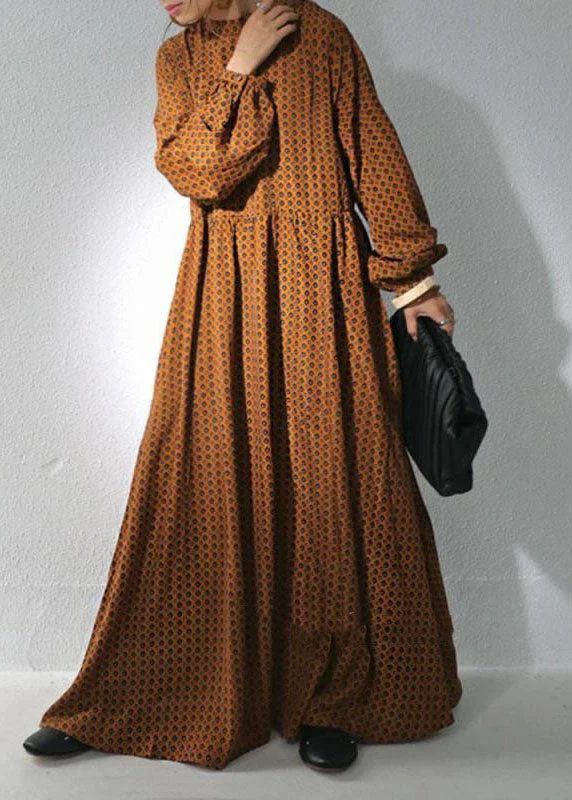 Brown Dot Print Chiffon Maxi Dresses Stand Collar Wrinkled Long Sleeve - republicanstateiBrown Dot Print Chiffon Maxi Dresses Stand Collar Wrinkled Long Sleeve - republicanstatei