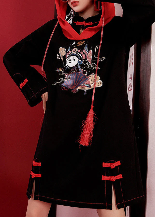 Elegant Black Print Drawstring Button Hooded Mid Dresses Long Sleeve - republicanstateiElegant Black Print Drawstring Button Hooded Mid Dresses Long Sleeve - republicanstatei