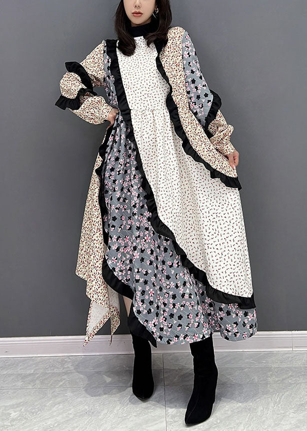 Women Colorblock Stand Collar Asymmetrical Patchwork Ruffles Long Dress Fall - republicanstateiWomen Colorblock Stand Collar Asymmetrical Patchwork Ruffles Long Dress Fall - republicanstatei