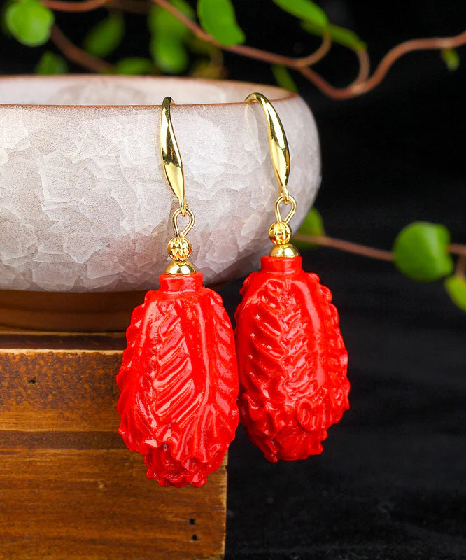 Classy Red Sterling Silver Overgild Cinnabar Chinese Cabbage Drop Earrings - republicanstateiClassy Red Sterling Silver Overgild Cinnabar Chinese Cabbage Drop Earrings - republicanstatei