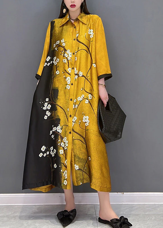 Vogue Yellow Peter Pan Collar Print Button Silk Long Dress Long Sleeve - republicanstateiVogue Yellow Peter Pan Collar Print Button Silk Long Dress Long Sleeve - republicanstatei