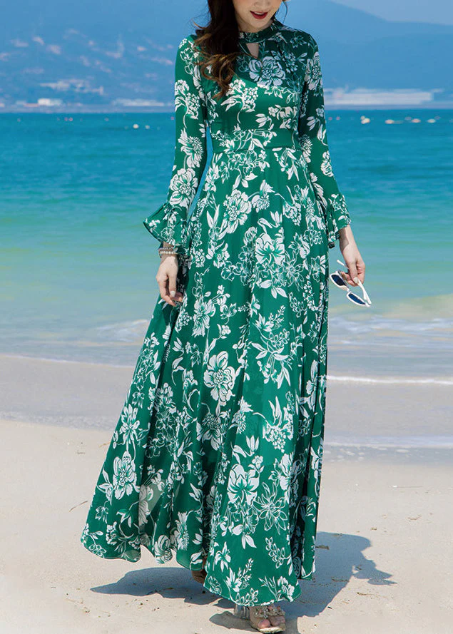 Slim Fit Green Turtleneck Print Chiffon Long Beach A Line Dresses Spring - republicanstateiSlim Fit Green Turtleneck Print Chiffon Long Beach A Line Dresses Spring - republicanstatei