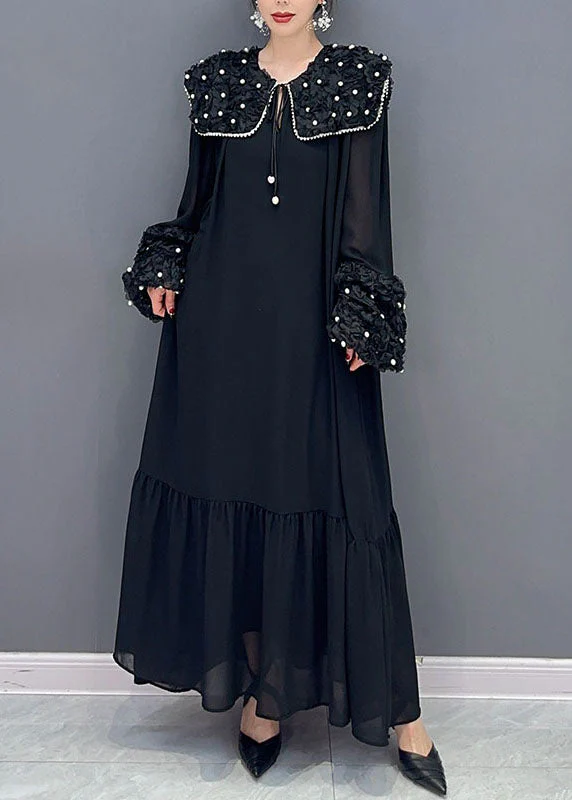 Boho Black Peter Pan Collar Nail Bead Patchwork Long Cotton Dress Spring - republicanstateiBoho Black Peter Pan Collar Nail Bead Patchwork Long Cotton Dress Spring - republicanstatei