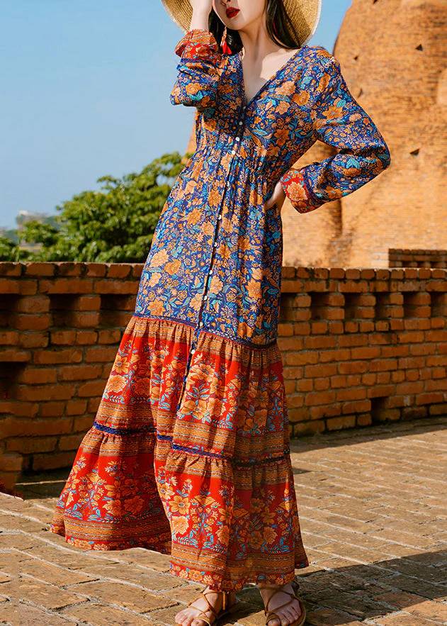 Italian Colorblock Ruffled Print Patchwork Cotton Shirts Long Dress Fall - republicanstateiItalian Colorblock Ruffled Print Patchwork Cotton Shirts Long Dress Fall - republicanstatei