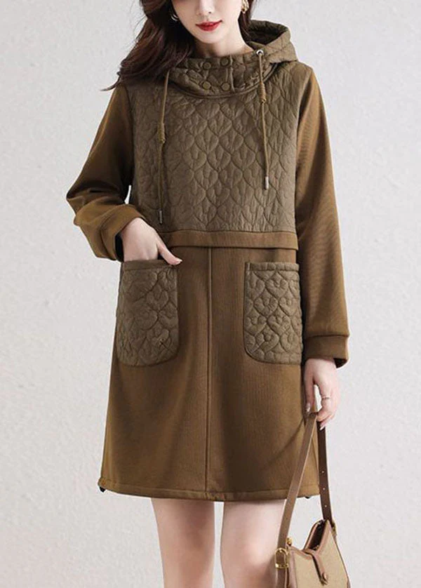 Modern Khaki Hooded Patchwork Pockets Cotton Loose Sweatshirt Dress Spring - republicanstateiModern Khaki Hooded Patchwork Pockets Cotton Loose Sweatshirt Dress Spring - republicanstatei