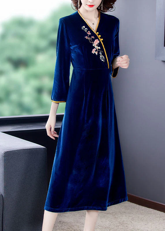 Vintage Dark Blue V Neck Embroidered Floral Silk Velour Holiday Dress Long Sleeve - republicanstateiVintage Dark Blue V Neck Embroidered Floral Silk Velour Holiday Dress Long Sleeve - republicanstatei