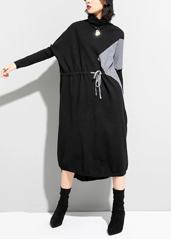 Unique Black Grey Turtleneck Patchwork Drawstring Tie Waist Knit Holiday Dress Long Sleeve - republicanstateiUnique Black Grey Turtleneck Patchwork Drawstring Tie Waist Knit Holiday Dress Long Sleeve - republicanstatei