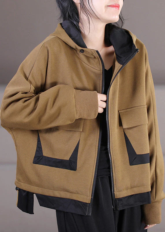 French Khaki Zippered Patchwork Drawstring Cotton Hooded Coat Long Sleeve - republicanstateiFrench Khaki Zippered Patchwork Drawstring Cotton Hooded Coat Long Sleeve - republicanstatei