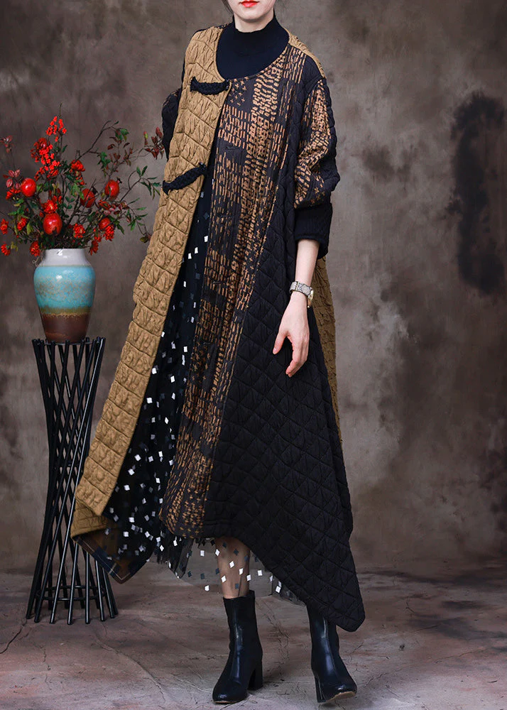 Fashion Yellow Patchwork Black Asymmetrical O-Neck Thick Maxi Coat Long Sleeve - republicanstateiFashion Yellow Patchwork Black Asymmetrical O-Neck Thick Maxi Coat Long Sleeve - republicanstatei