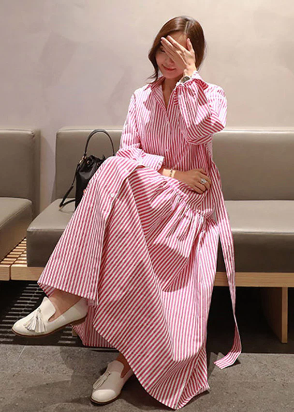 DIY Red Striped Peter Pan Collar Button Tie Waist Wrinkled Cotton Dress Long Sleeve - republicanstateiDIY Red Striped Peter Pan Collar Button Tie Waist Wrinkled Cotton Dress Long Sleeve - republicanstatei