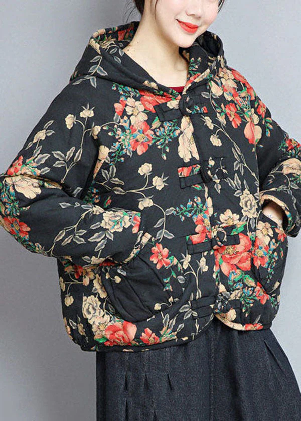 Art Black Hooded Pockets Print Fine Cotton Filled Womens Coats Winter - republicanstateiArt Black Hooded Pockets Print Fine Cotton Filled Womens Coats Winter - republicanstatei