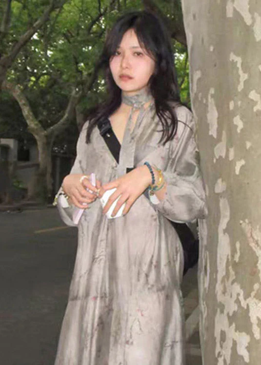 Elegant Grey V Neck Print Patchwork Silk Holiday Maxi Dress Long Sleeve - republicanstateiElegant Grey V Neck Print Patchwork Silk Holiday Maxi Dress Long Sleeve - republicanstatei