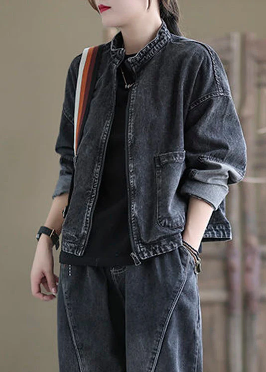 Unique Black Stand Collar Zippered Patchwork Pockets Cotton Denim Coats Long Sleeve - republicanstateiUnique Black Stand Collar Zippered Patchwork Pockets Cotton Denim Coats Long Sleeve - republicanstatei