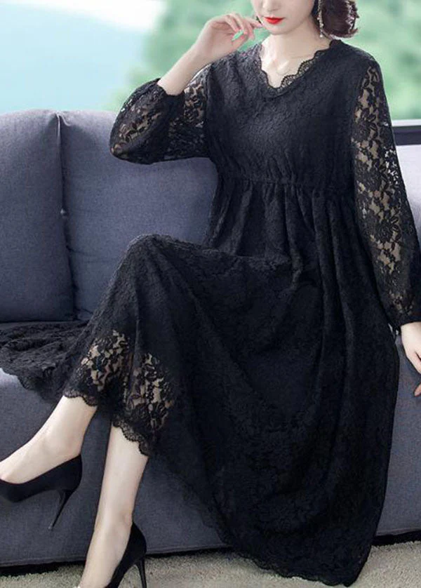 Beautiful Black V Neck Hollow Out Exra Large Hem Lace Maxi Dresses Spring - republicanstateiBeautiful Black V Neck Hollow Out Exra Large Hem Lace Maxi Dresses Spring - republicanstatei