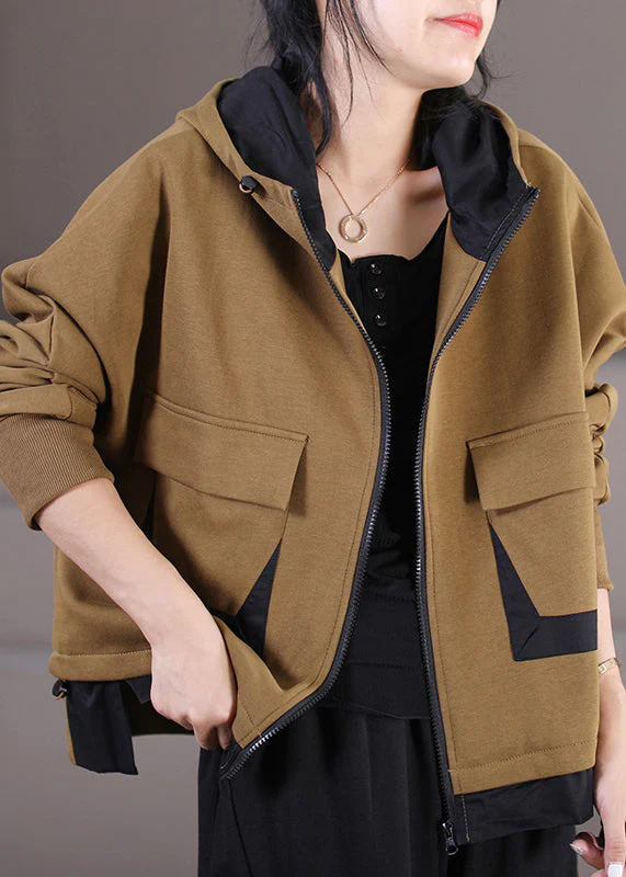 French Khaki Zippered Patchwork Drawstring Cotton Hooded Coat Long Sleeve - republicanstateiFrench Khaki Zippered Patchwork Drawstring Cotton Hooded Coat Long Sleeve - republicanstatei