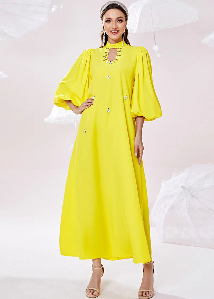Fine Yellow Stand Collar Zircon Holiday Chiffon Maxi Dress Lantern Sleeve - republicanstateiFine Yellow Stand Collar Zircon Holiday Chiffon Maxi Dress Lantern Sleeve - republicanstatei