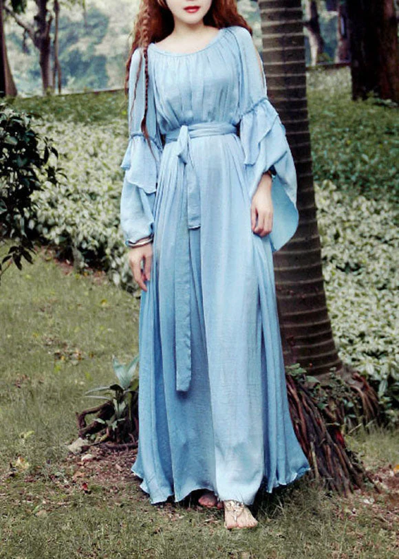 Fitted Blue O-Neck Tie Waist Exra Large Hem Silk Long Dresses Petal Sleeve - republicanstateiFitted Blue O-Neck Tie Waist Exra Large Hem Silk Long Dresses Petal Sleeve - republicanstatei