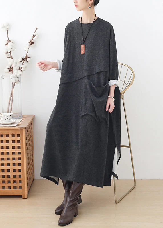 Handmade Grey O-Neck Pockets Patchwork Side Open Cotton Dress Long Sleeve - republicanstateiHandmade Grey O-Neck Pockets Patchwork Side Open Cotton Dress Long Sleeve - republicanstatei