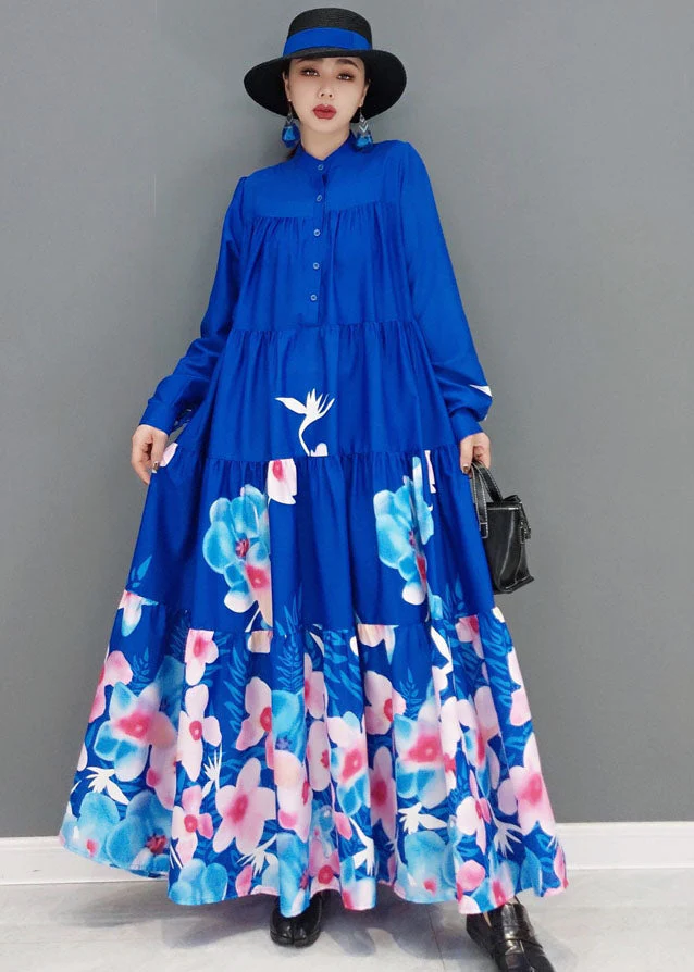 Modern Blue Stand Collar Print Exra Large Hem Cotton A Line Dress Long Sleeve - republicanstateiModern Blue Stand Collar Print Exra Large Hem Cotton A Line Dress Long Sleeve - republicanstatei