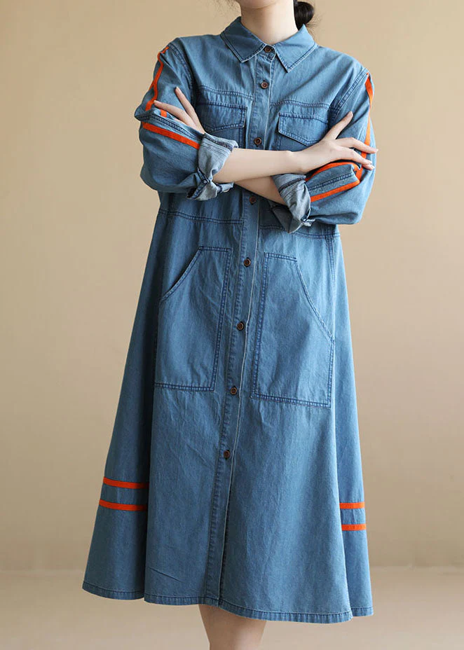 Plus Size Denim Blue Pockets Patchwork Tie Waist Cotton Long Dress Long Sleeve - republicanstateiPlus Size Denim Blue Pockets Patchwork Tie Waist Cotton Long Dress Long Sleeve - republicanstatei