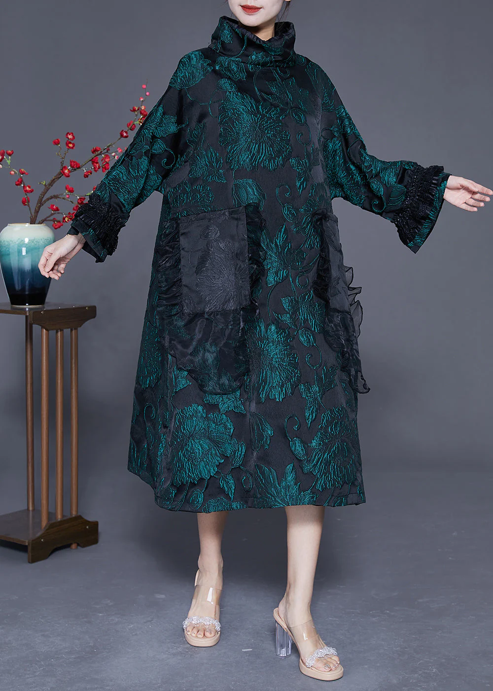 Italian Green Turtle Neck Patchwork Jacquard Silk Maxi Dresses Spring - republicanstateiItalian Green Turtle Neck Patchwork Jacquard Silk Maxi Dresses Spring - republicanstatei