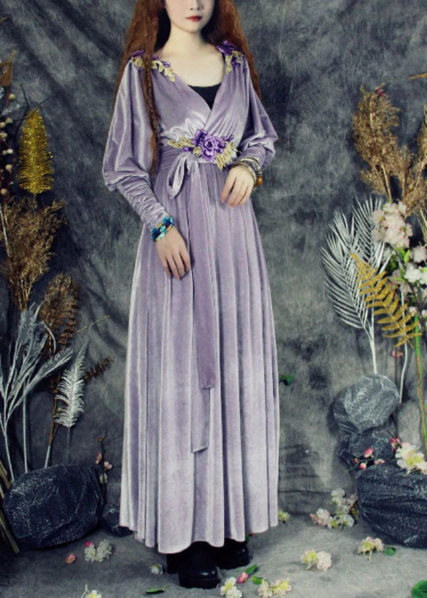 Boho Purple V Neck Applique Tie Waist Silk Velour Maxi Dresses Spring - republicanstateiBoho Purple V Neck Applique Tie Waist Silk Velour Maxi Dresses Spring - republicanstatei