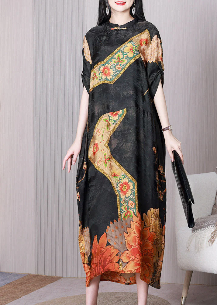 Vintage Black Print Patchwork Chinese Button Silk Long Dress Half Sleeve - republicanstateiVintage Black Print Patchwork Chinese Button Silk Long Dress Half Sleeve - republicanstatei
