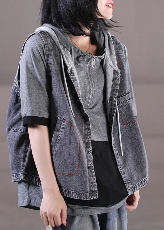 Loose Grey Knit Patchwork Drawstring Button Hooded Denim Waistcoatcoat Sleeveless - republicanstateiLoose Grey Knit Patchwork Drawstring Button Hooded Denim Waistcoatcoat Sleeveless - republicanstatei