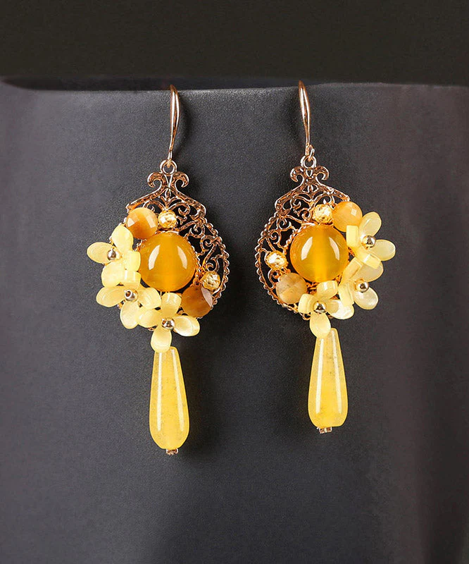 Unique Yellow Jade Sterling Silver Yellow Agate Floral Drop Earrings - republicanstateiUnique Yellow Jade Sterling Silver Yellow Agate Floral Drop Earrings - republicanstatei