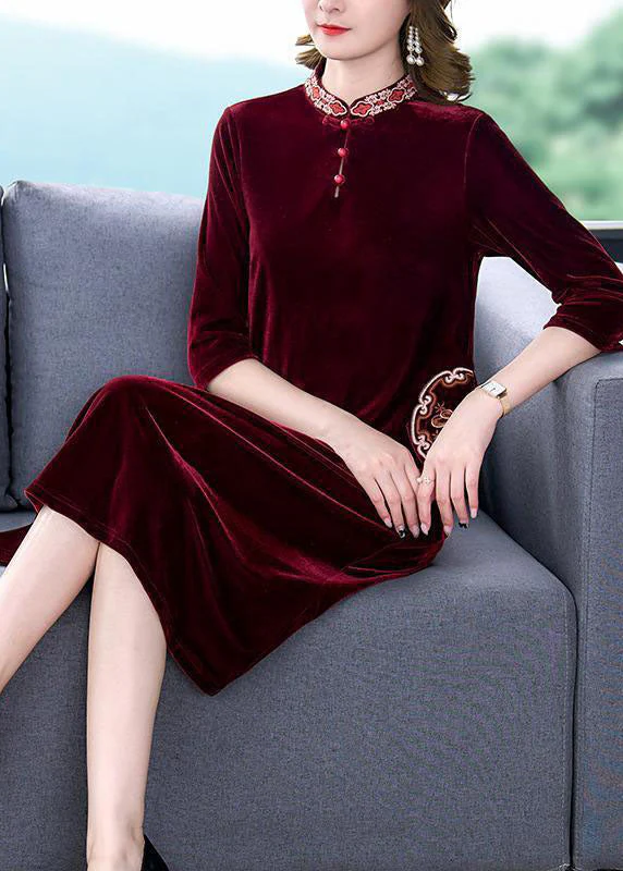Art Mulberry Mandarin Collar Embroideried Silk Velour A Line Dress Half Sleeve - republicanstateiArt Mulberry Mandarin Collar Embroideried Silk Velour A Line Dress Half Sleeve - republicanstatei