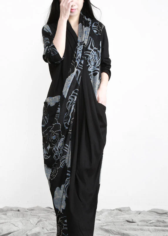 Unique Black Blue Asymmetrical Print Patchwork Cotton Dress Long Sleeve - republicanstateiUnique Black Blue Asymmetrical Print Patchwork Cotton Dress Long Sleeve - republicanstatei