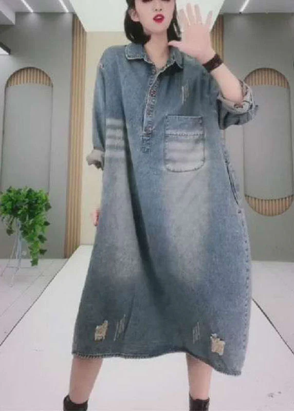 Natural Blue PeterPan Collar Button Pockets Hole Fall Long sleeve Denim Party Dress - republicanstateiNatural Blue PeterPan Collar Button Pockets Hole Fall Long sleeve Denim Party Dress - republicanstatei