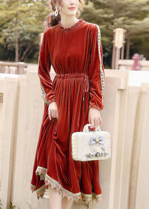 Plus Size Orange Cinched Patchwork Lace Silk Velour Long Dress Spring - republicanstateiPlus Size Orange Cinched Patchwork Lace Silk Velour Long Dress Spring - republicanstatei
