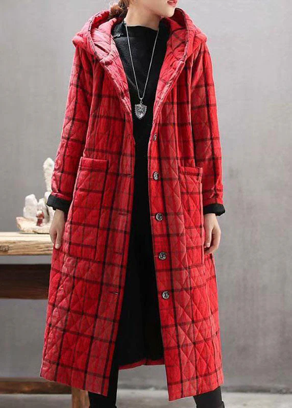 Bohemian Red Hooded Plaid Pockets Fine Cotton Filled Long Coat Outwear Winter - republicanstateiBohemian Red Hooded Plaid Pockets Fine Cotton Filled Long Coat Outwear Winter - republicanstatei